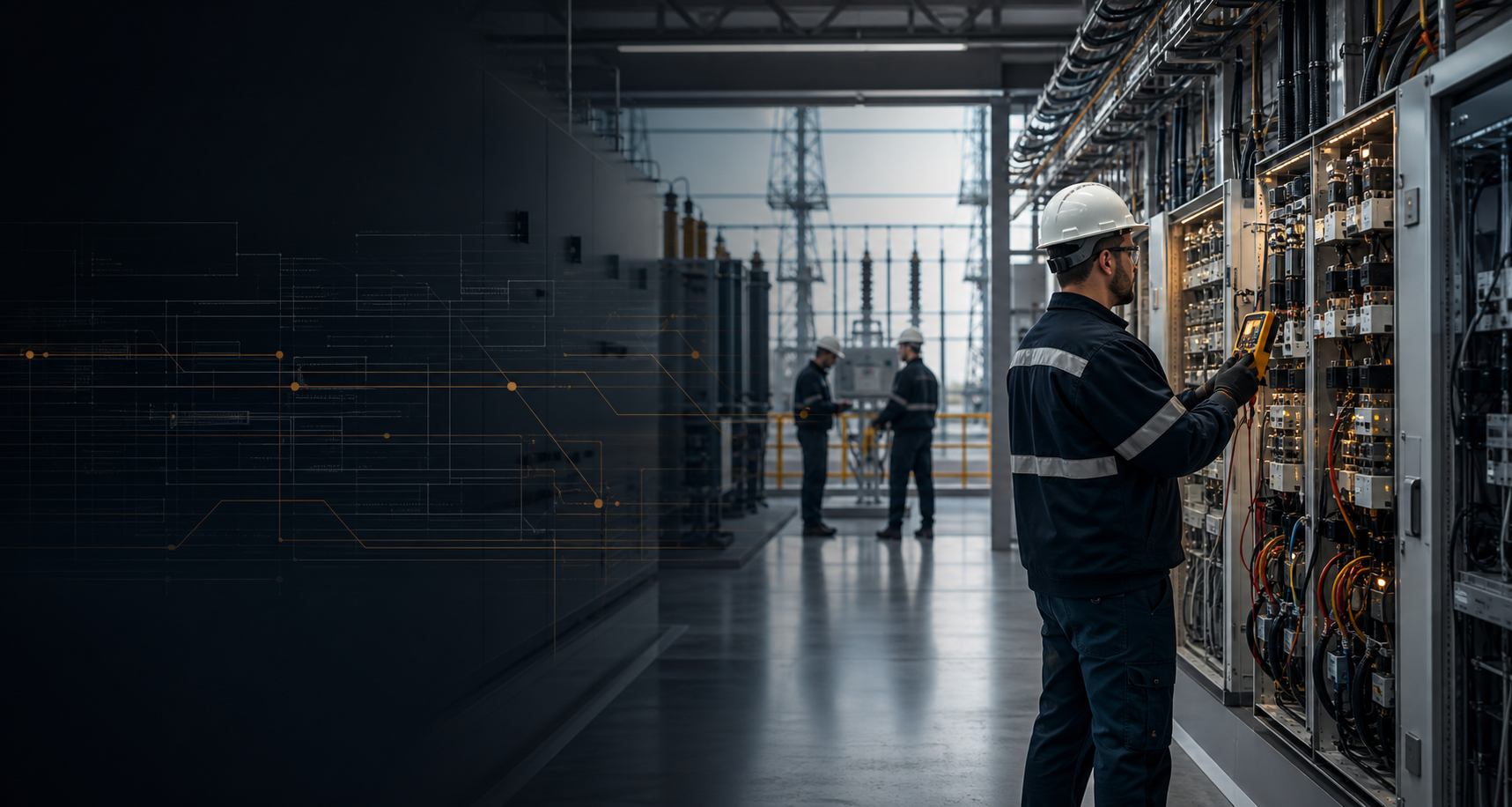 Ambiente industrial com painéis elétricos e inspeção técnica